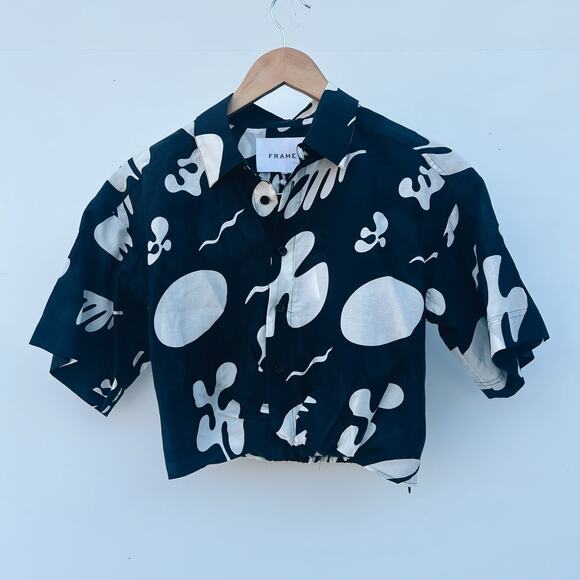 New Frame Cropped Silk Blend Twist Front Knot Top Black White Shirt Button XS - Picture 2 of 9